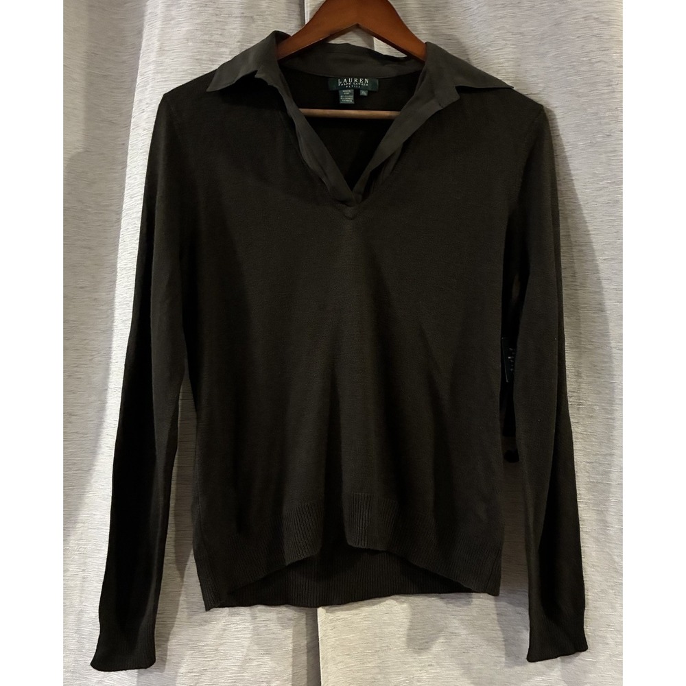 Lauren Ralph Lauren Johnny Collar Long Sleeve Silk Blend Sweater Size PL Green